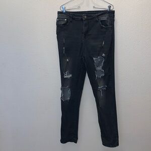 Jeans Denim Fashion Black Heavily Distressed High Rise Stretchy Skinny Jeans